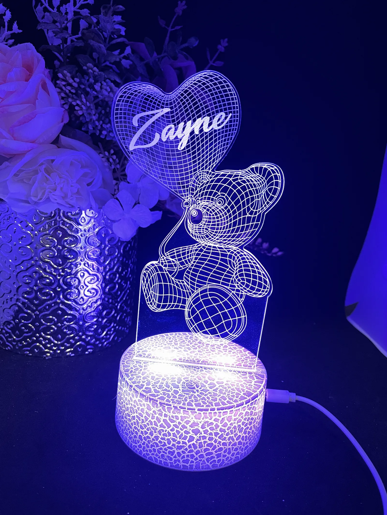 Personalised 3d Teddy Bear With Heart Acrylic Led Custom Night Light