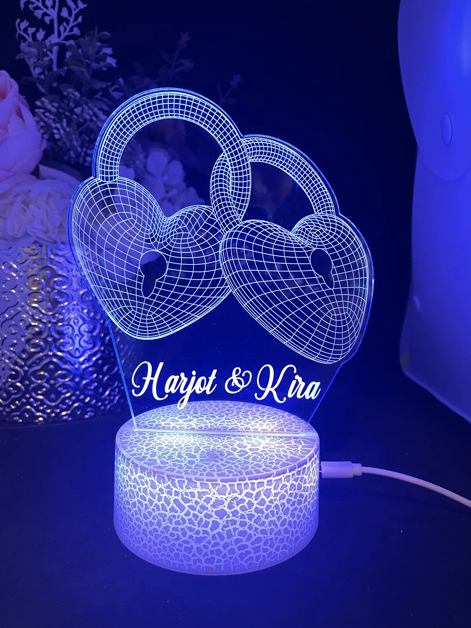 Personalised 3d Locked Hearts Led Night Light