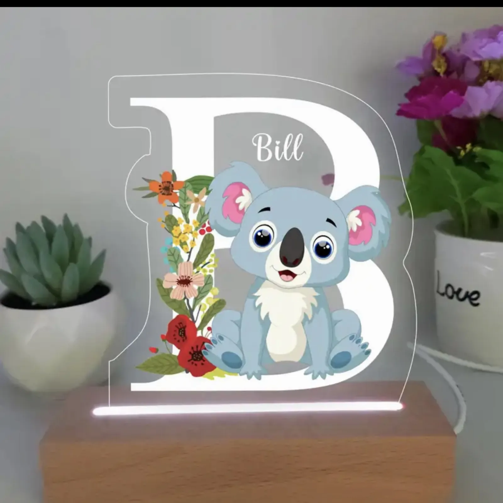 Personalised Letter B With Koala Acrylic Led Custom Night Light