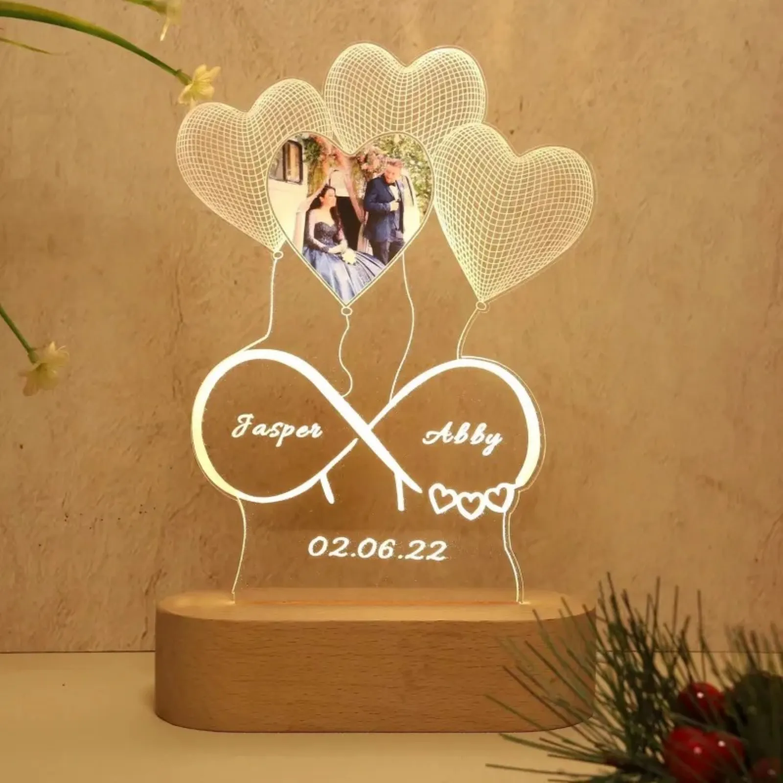 Personalised Picture Hearts Balloons Led Night Light