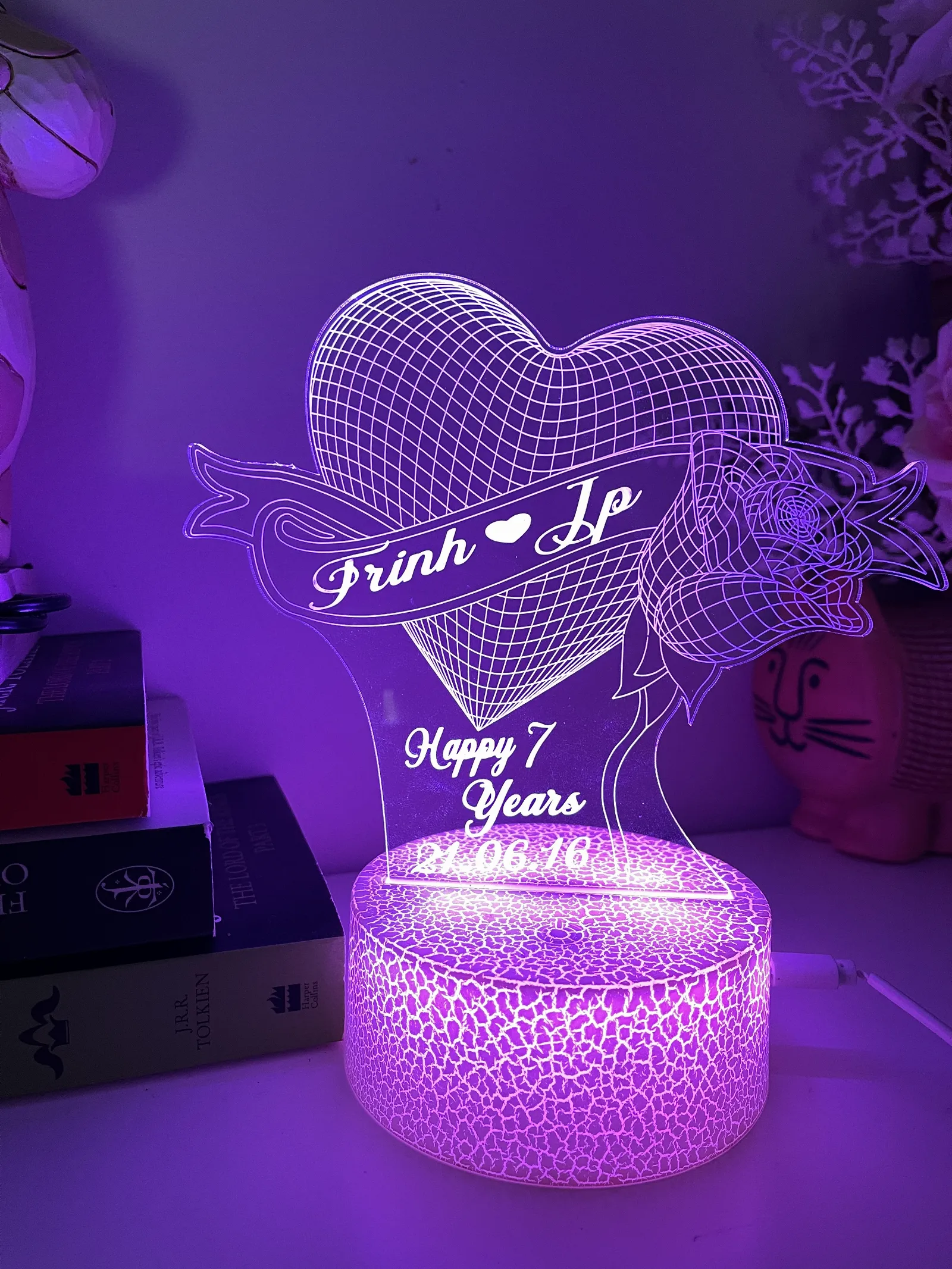 Personalised 3d Love Heart And Rose Acrylic Led Custom Night Light