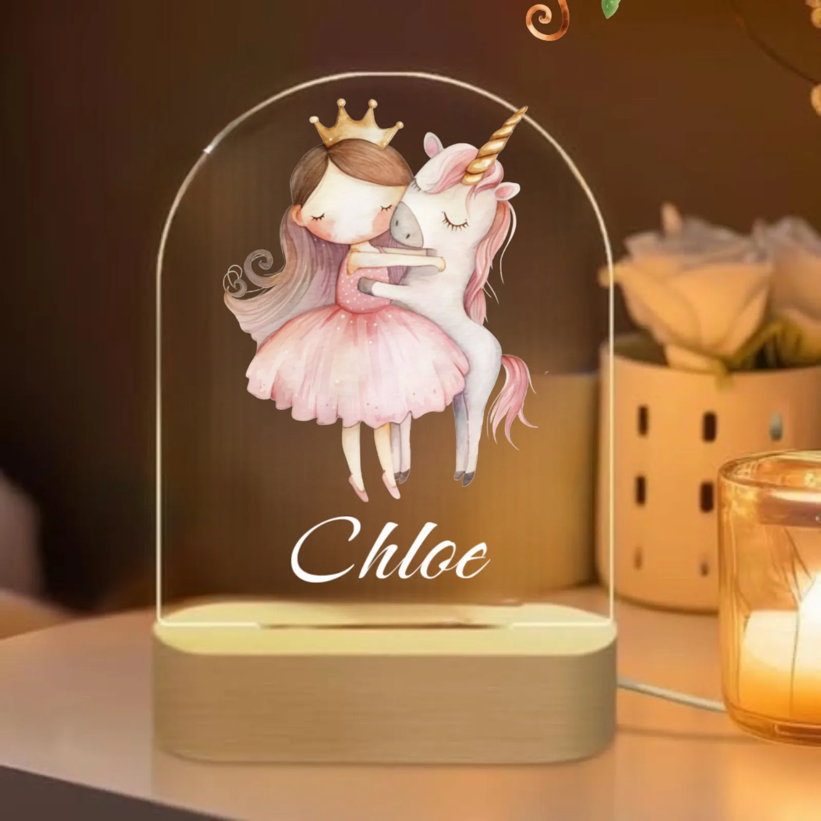 Personlaised Cute Girl Hugging Unicorn Acrylic Led Custom Night Light