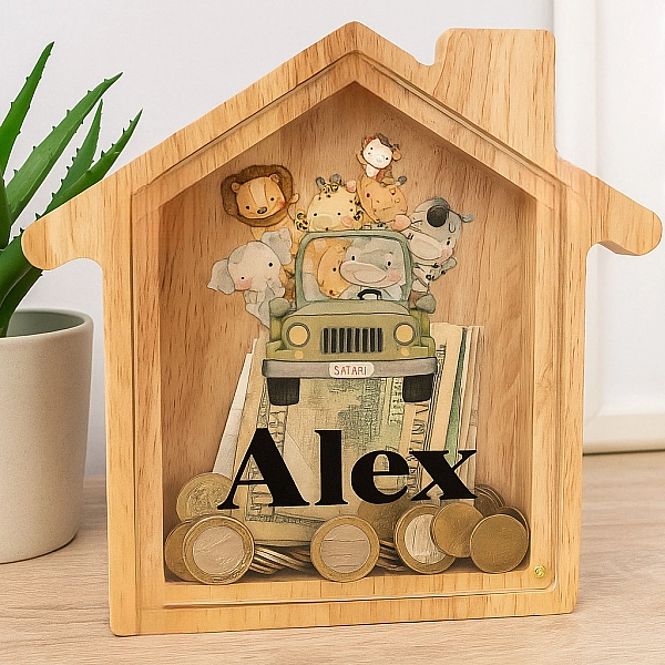 Personalised Money Box Wooden Saving Box Safari Animal