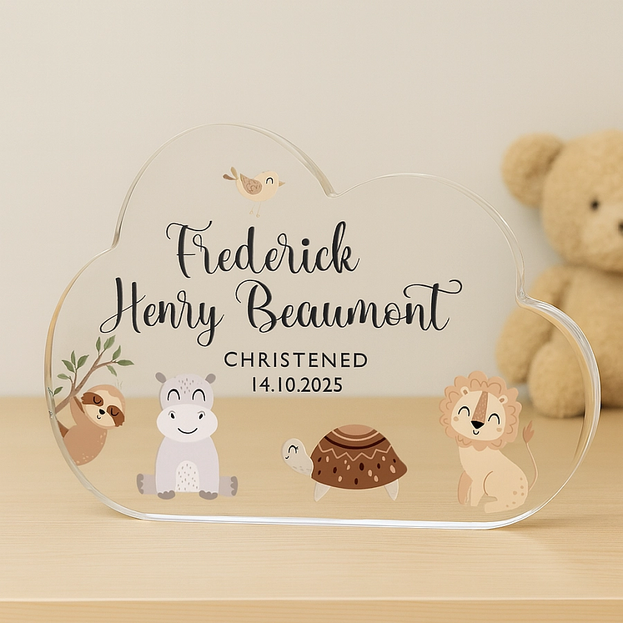 Personalised Christening Gift Cloud-shaped Acrylic Plaque With Safari Animals Custom Keeps